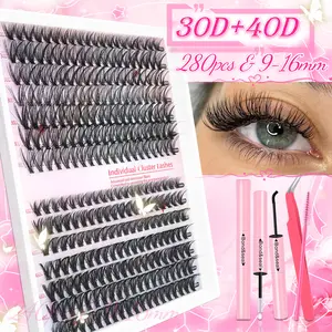 280pcs Natural Individual Lash Clusters Kit with Glue & Tweezer, Lightweight 30D+40D Mixed Styles 9-16mm Reusable D Curl Long-Lasting False Eyelashes Extensions Set Makeup