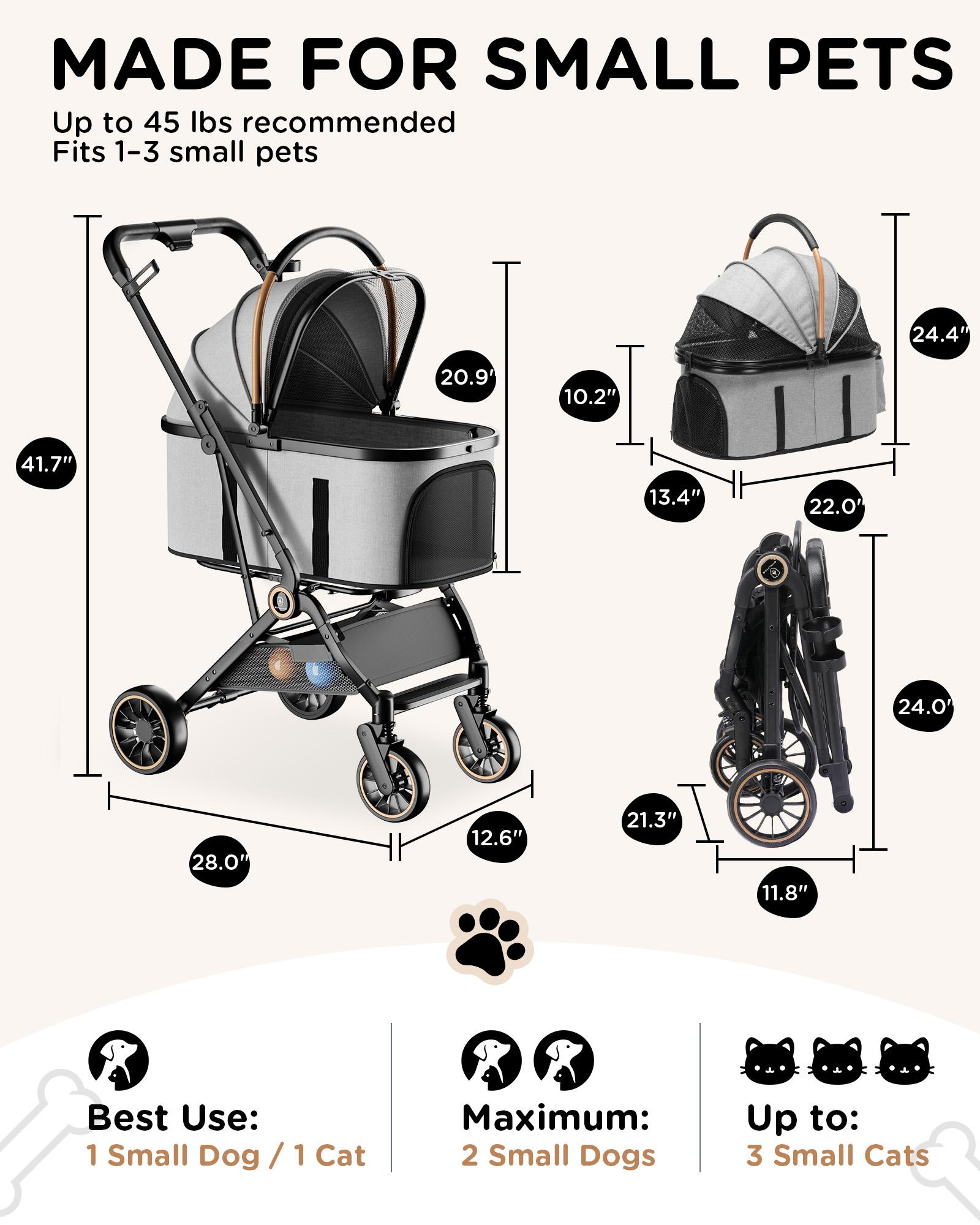 COMHOMA Foldable Pet Stroller with Weather Cover, 4 Wheels Pet Strolling Cart for Small/Medium Dogs and Cats with Storage Basket and Cup Holder, Breathable and Visible Mesh for All-Season