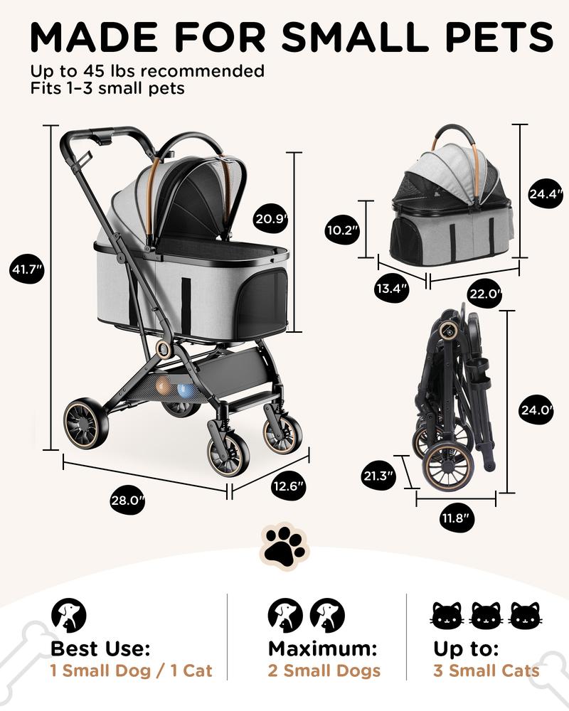 COMHOMA Foldable Pet Stroller with Weather Cover, 4 Wheels Pet Strolling Cart for Small/Medium Dogs and Cats with Storage Basket and Cup Holder, Breathable and Visible Mesh for All-Season