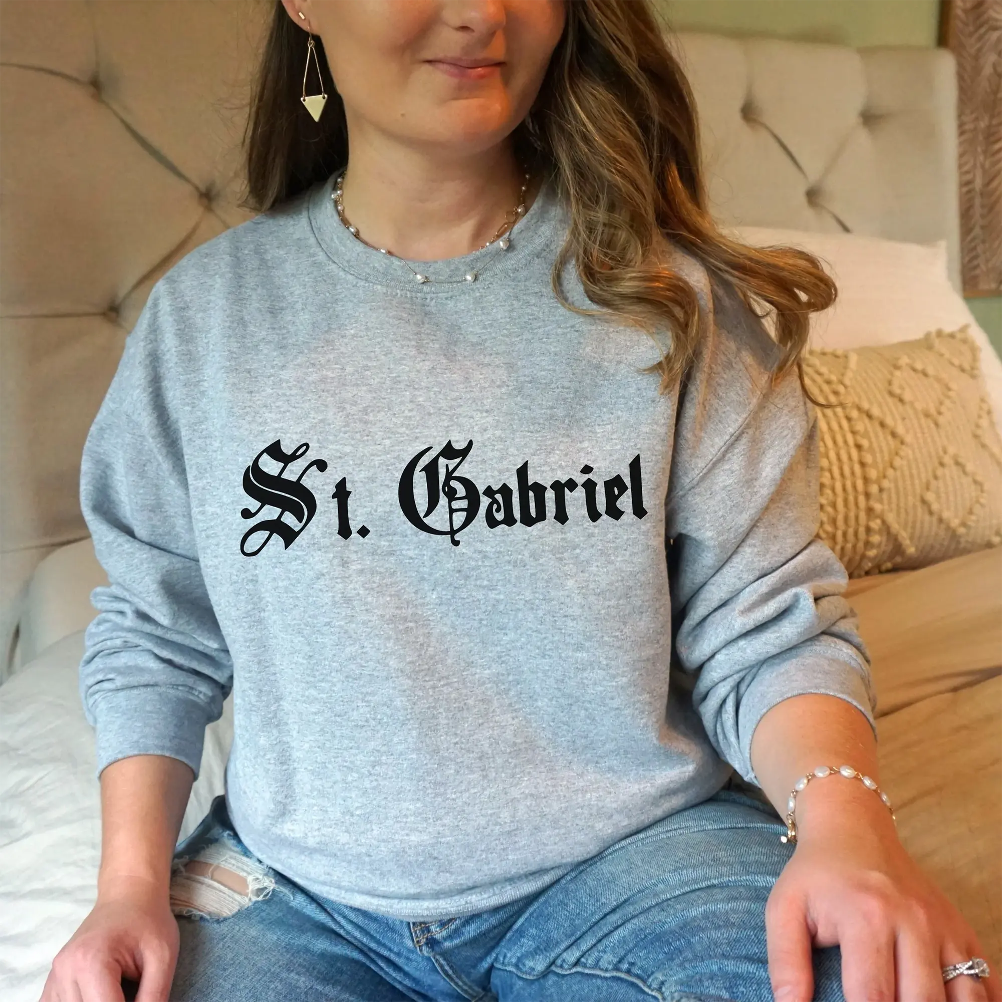 Christian Sweatshirt, St. Gabriel Old English Crewneck, Faith-Based Catholic Pullover, Angel-Inspired Gift for Men and Women
