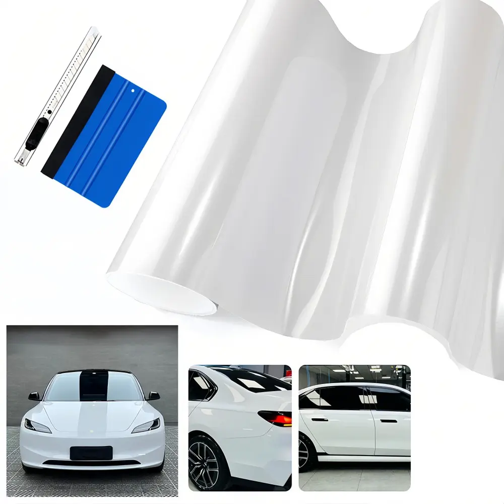 FONESO Super Glossy Car Body Sticker with Cutter and Hand Tool Kit, 60 x 12 inch Car Vinyl Film Wrap Protector Sticker, 5 FT x 1 FT Self-Adhesive Air Bubble Free Easy to Install, Universal For All Cars SUVs Sedan Coupe Truck Pickup Bike Motorcycle - White