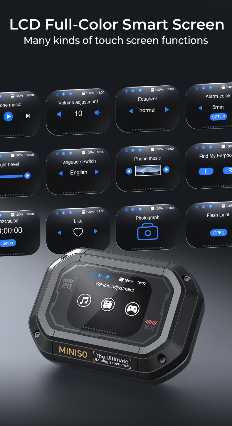 MINISO M98 Wireless Earbuds Open Ear Bluetooth 5.4 Earphones Wireless Headphones Full Color Display Touch Screen Gaming Headsets 35Hours Play time Built-in Microphone
