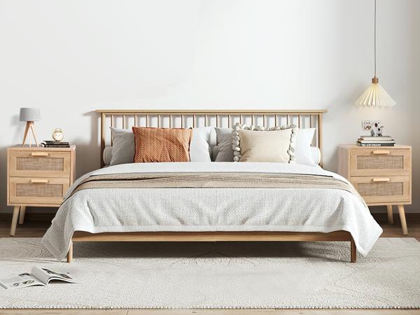 VOWNER  2PCS Rattan Nightstand, End Table with 2 Drawers and Solid Wood Legs, Side Table with Storage for Bedroom, Easy Assembly Night Stand for Kids Room