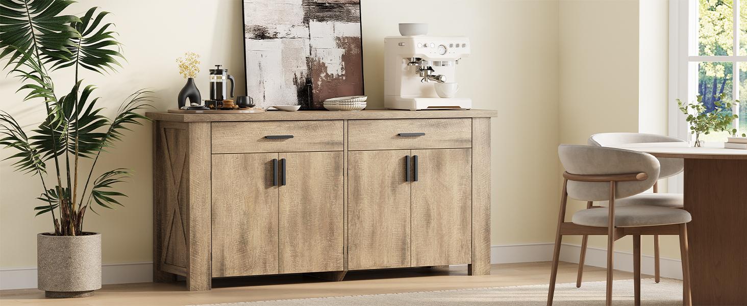 【SPOTLIGHT DAY】ONBRILL 61 Inch Sideboard Buffet Cabinet with Storage, Buffet Cabinet with 2 Drawers & 4 Doors, Farmhouse Sideboard with Adjustable Shelves, Coffee Bar Cabinets for Living Room, Kitchen
