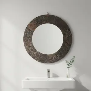 Distressed Fabric Printing Blocks Repurposed 22" Round Decorative Mirror