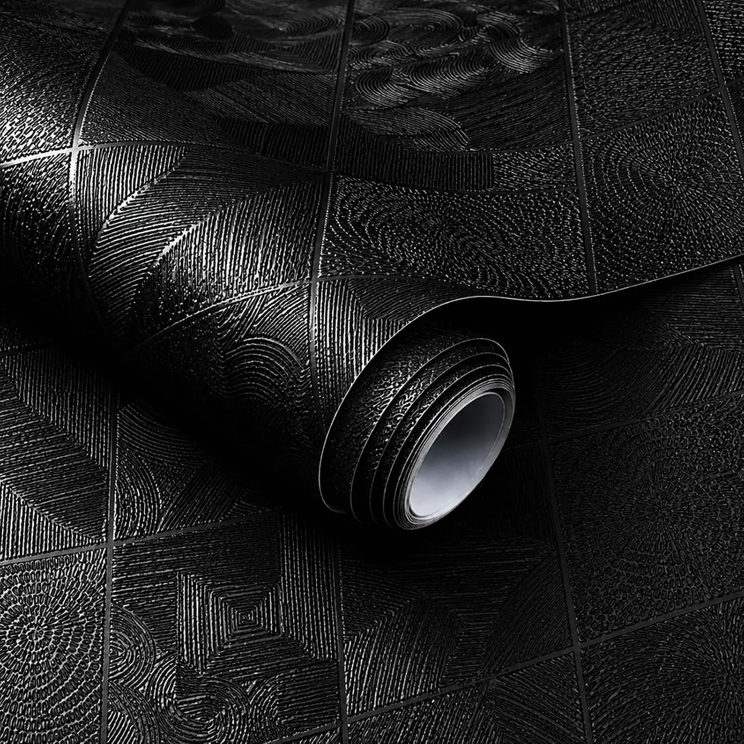Simon&Siff 3D Embossed Black Textured Geometric Linear Peel-and-Stick Wallpaper Roll, 17.3x800in Rectangular Removable Waterproof Self-Adhesive Gothic Contact Paper for Bedroom, Kitchen, Renters-Friendly Wall Paper Rolls, Indoor, 17.3 Inches × 800 Inches