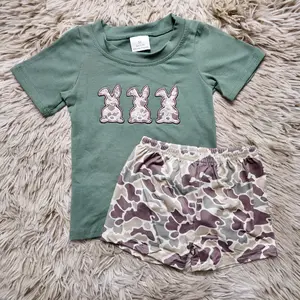 Short sleeves camo rabbit embroidery cotton top & polyester shorts set kids boys Easter clothing set