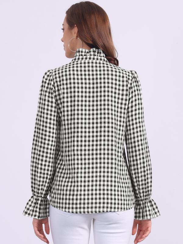 INSPIRE CHIC Women's Gingham Tops Ruffle V Neck Button Front Dressy Casual Long Sleeve Plaid Blouse Shirt Black