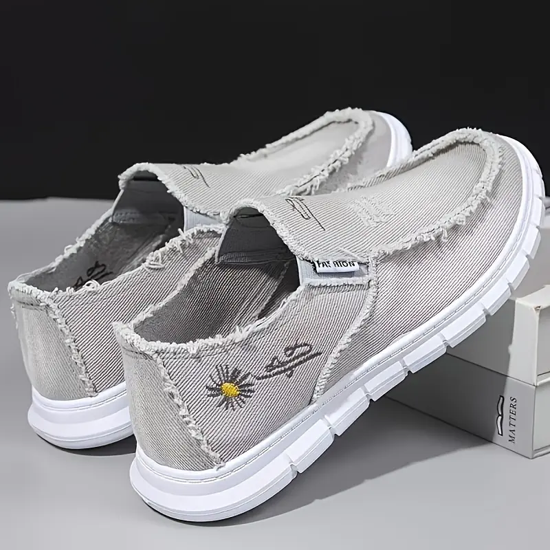 Women's Distressed Canvas Slip-On Loafers - Daisy Embroidered, Lightweight, Breathable Casual Walking Shoes