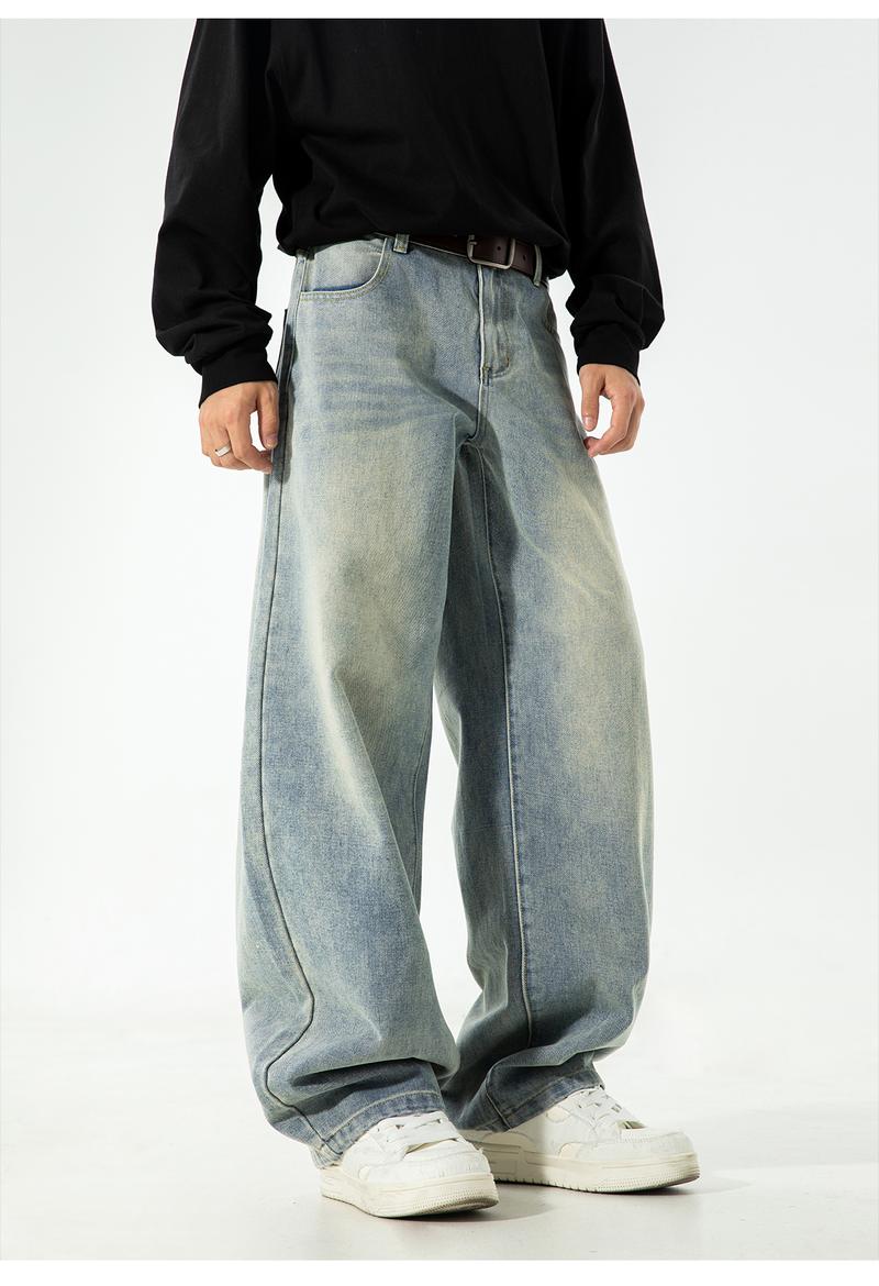 Men's Vintage Oversized Jeans for Fall, Washed Distressed Trendy Brand Loose Straight Leg Pants, Unisex Street Style Minimalist Versatile Fashion Floor-Length Jeans, Men's Denim Pants, Youthful Popular Student Pants, Soft Comfortable Fabric, Suitable for