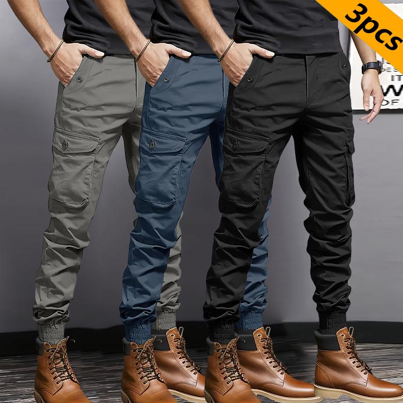 3 Pack Men's Heavyweight Multi-Pocket Work Pants with Large Cargo Pockets, Drawstring Elastic Waist Tactical Workwear - Regular Fit All Season Soldier Style, Suitable for Halloween Parties & Everyday Wear/Hiking/Construction Work - Durable Non-Stretch Fab