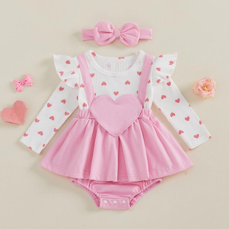 Calsunbaby Valentine Baby Girl Outfit Heart Print Ribbed Long Sleeve Newborn Valentines day Romper Dress Headband Set