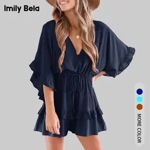 Imily Bela Essentials Womens V Neck Beach Romper Cute Ruffle Sleeve Cute Layered Drawstring High Waisted Shorts Jumpsuit