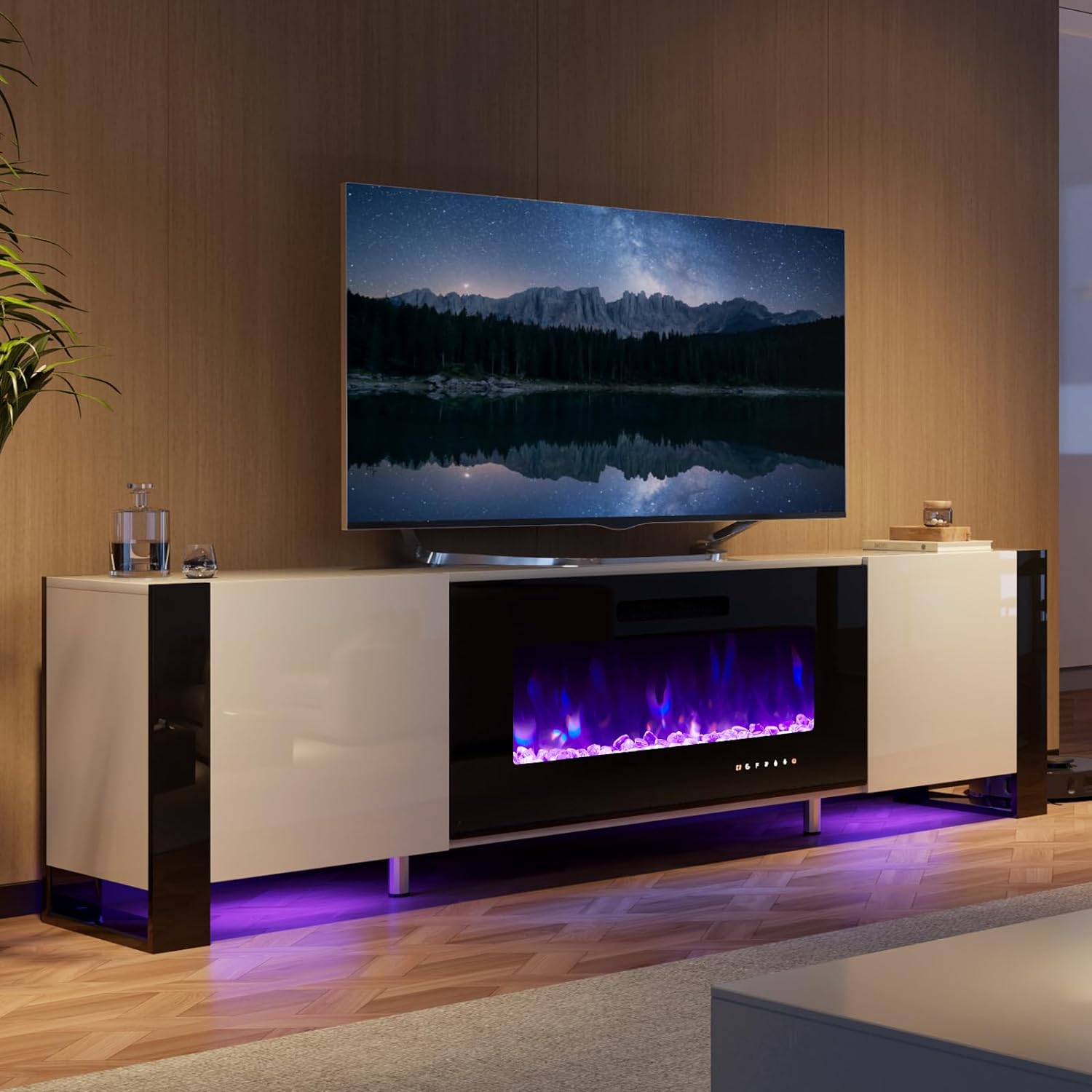 【Ships in 2 Boxes】AMERLIFE Fireplace TV Stand with Fireplace, Modern High Gloss Entertainment Center LED Lights, U-Shaped Legs TV Console Cabinet,Best Gift Ideas/Christmas Gifts