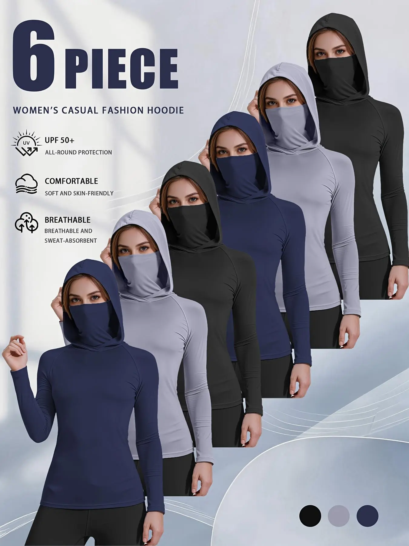Men's Unisex 6-Pack Polyester Sun Hoodies with Drawstring, Built-In Face Mask, UV Protection, Breathable for Outdoor Activities, Families (Running, Fishing, Hiking)