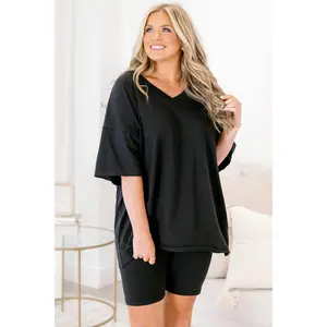 First Time Around Set, Black - Breathable Vneck Tee & Elastic Waist Bike Short For Comfort & Style