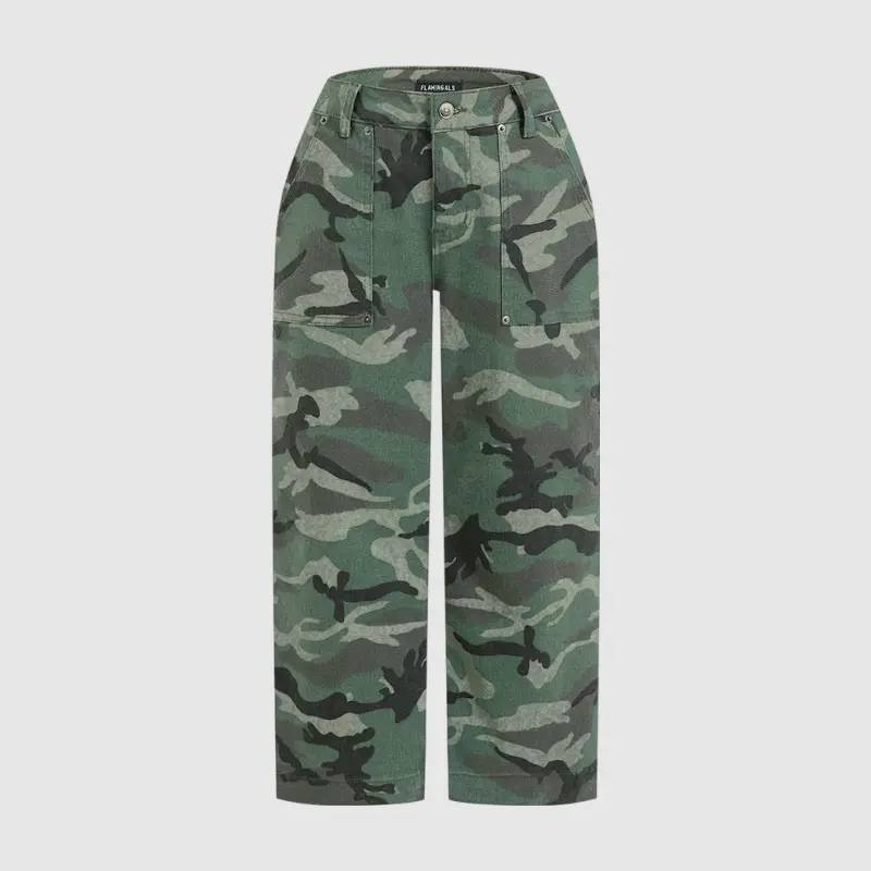 Flamingals Stretchy Camo Print Mid Waist Straight Leg Capri Pants Without Belt