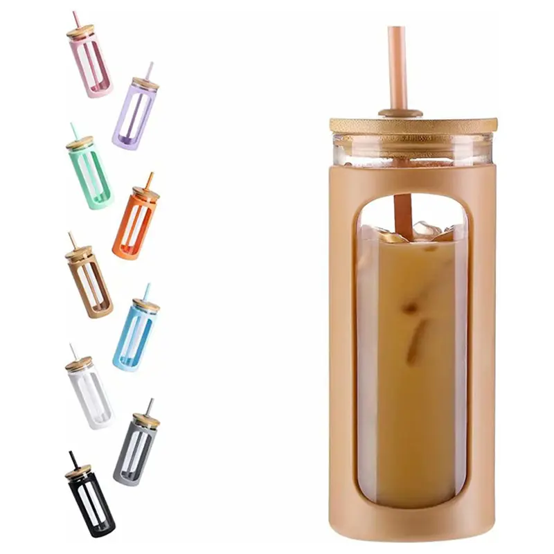 WINSA 20oz Borosilicate Glass Water Tumbler - Portable, Washable, BPA-Free, with Bamboo Lid, Straw, Protective Silicone Sleeve, Wide Mouth for Iced Coffee & Smoothies, Water Bottle