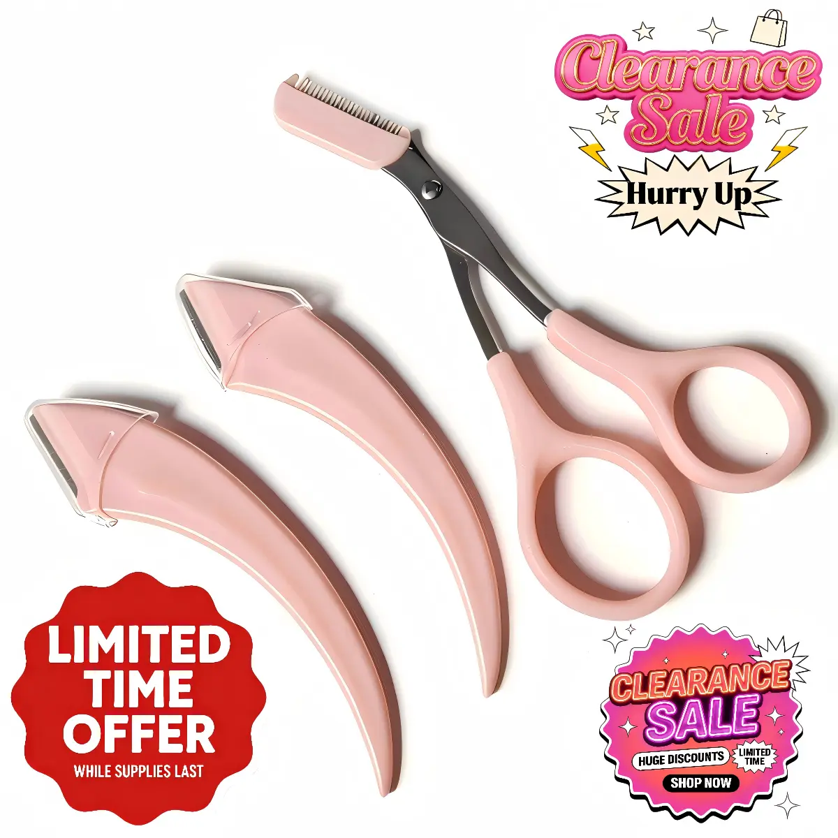 4-Piece Eyebrow Grooming Kit, Pink Metal Cosmetic Makeup Tools with 2 Pink Razors and Scissors to Trim Brows for Beginners and Youth