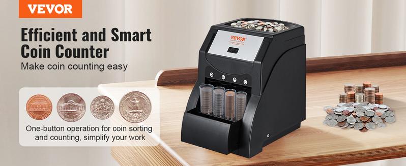 VEVOR USD Coin Sorter, TikTokShopBlackFriday, Coin Sorter Machine for USD Coin 1￠ 5￠ 10￠ 25￠, Sorts up to 230 Coins/min, Coin Sorter and Wrapper Machine Holds 200 Coins Included 4 Coin Tubes, Black  VEVOR Super Brand Day