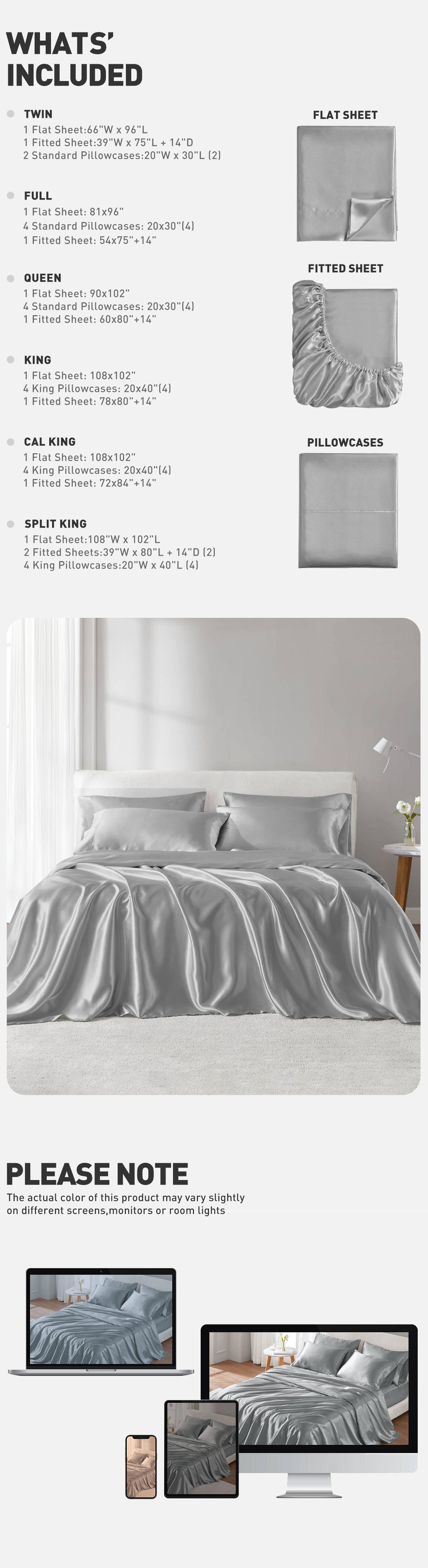 6 Piece Solid Color Satin Sheets Set (1*Flat Sheet + 1* Fitted Sheet + 4*Pillowcases), Luxurious And Silky With Natural Sheen