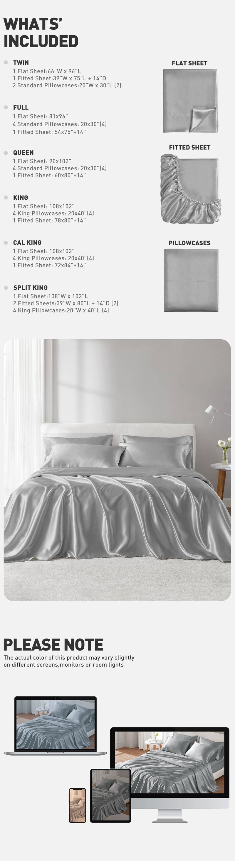 6 Piece Solid Color Satin Sheets Set (1*Flat Sheet + 1* Fitted Sheet + 4*Pillowcases), Luxurious And Silky With Natural Sheen 6 Piece Solid Color Satin Sheets Set (1*Flat Sheet + 1* Fitted Sheet + 4*Pillowcases), Luxurious And Silky With Natural Sheen