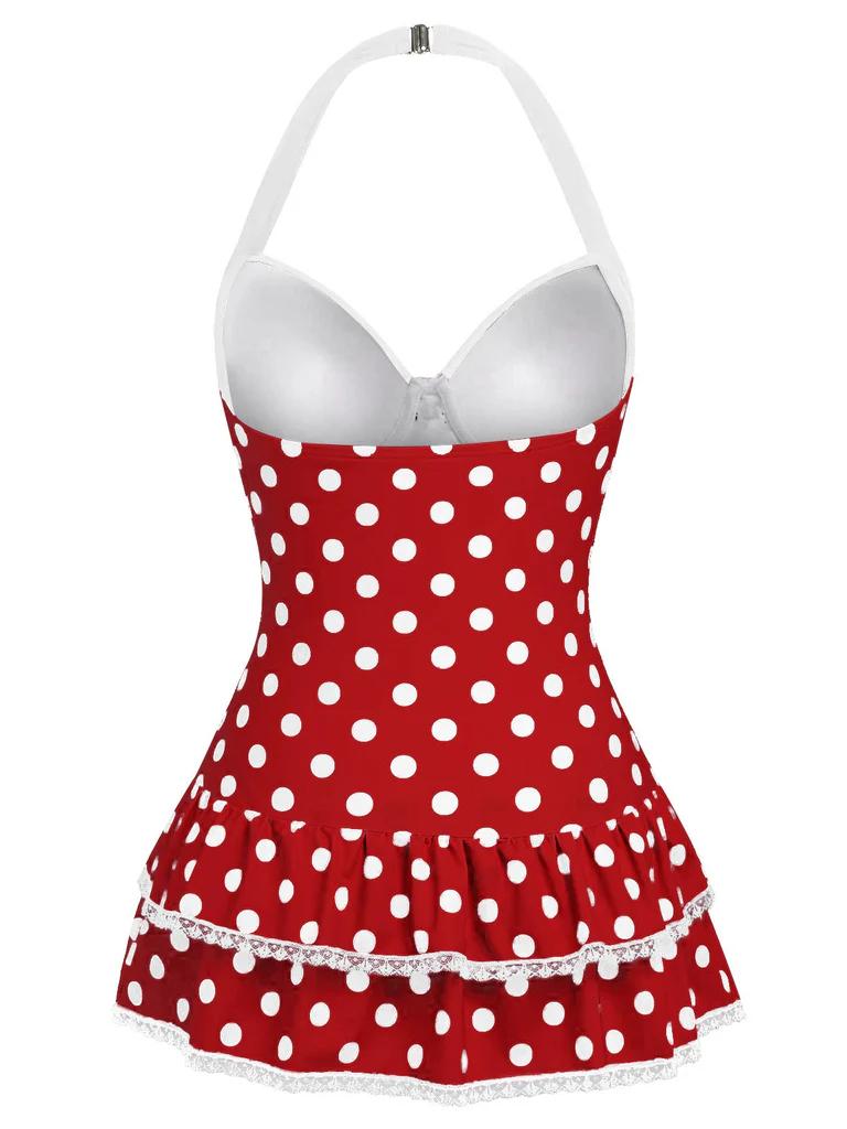 Blue 1940s Halter Polka Dots Bow One-Piece Swimsuit