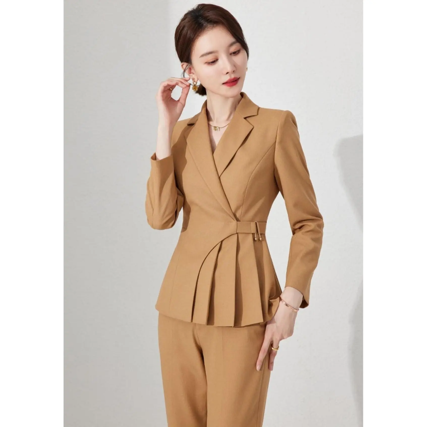 Camel Chic Belted Blazer Pantsuit Set