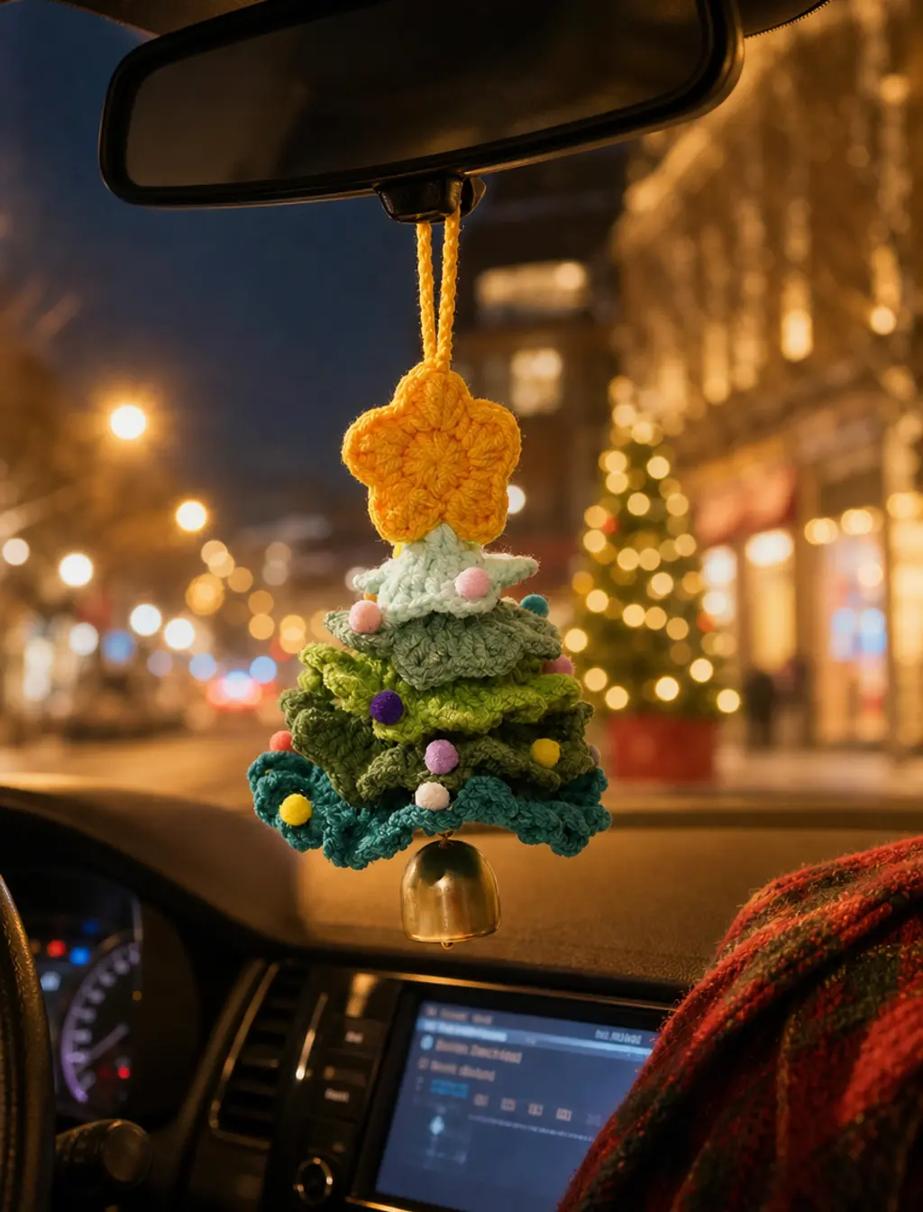 Handmade Fluffy Crocheted Yarn Gradient Tree - Retro Metal Bell & Star Top, 37g Cute Pendant Kitchen Ornament, Hanging Decor for Rearview Mirror Christmas Gift