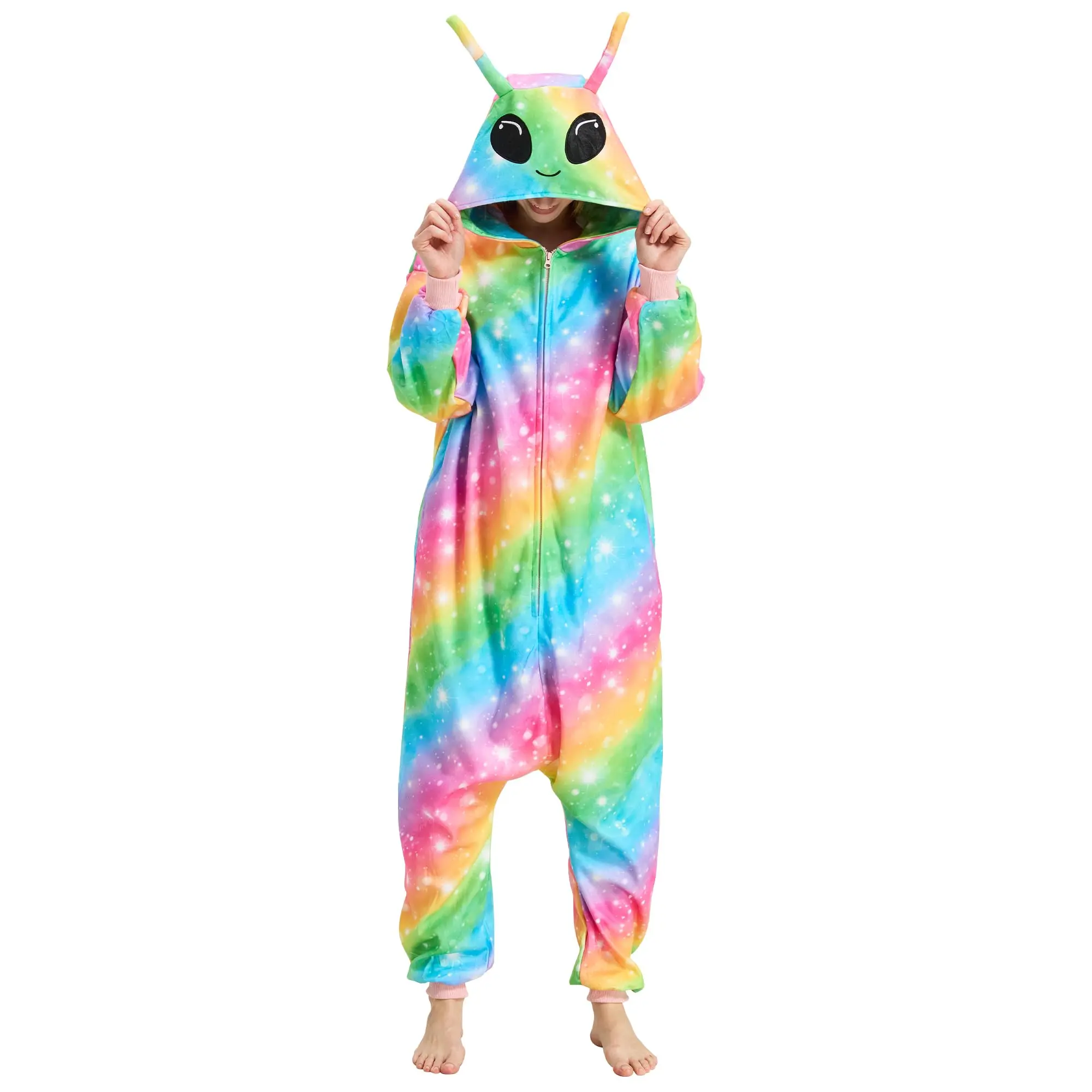 Rainbow Alien One-Piece Pajamas, Funny Space Creature Costume, Halloween Cosplay Sleepwear for Women and Men  Retro Party Costume Accessory monster onesie skull suit Dress Loungewear