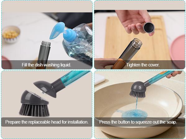 CuLiDing Soap Dispensing Dish Brush Storage Set with 360° Rotating Head, 3 Brush Heads & 2 Scouring Pads, Durable & Eco-friendly, Versatile for Dishes, Sink, Pans, Pots