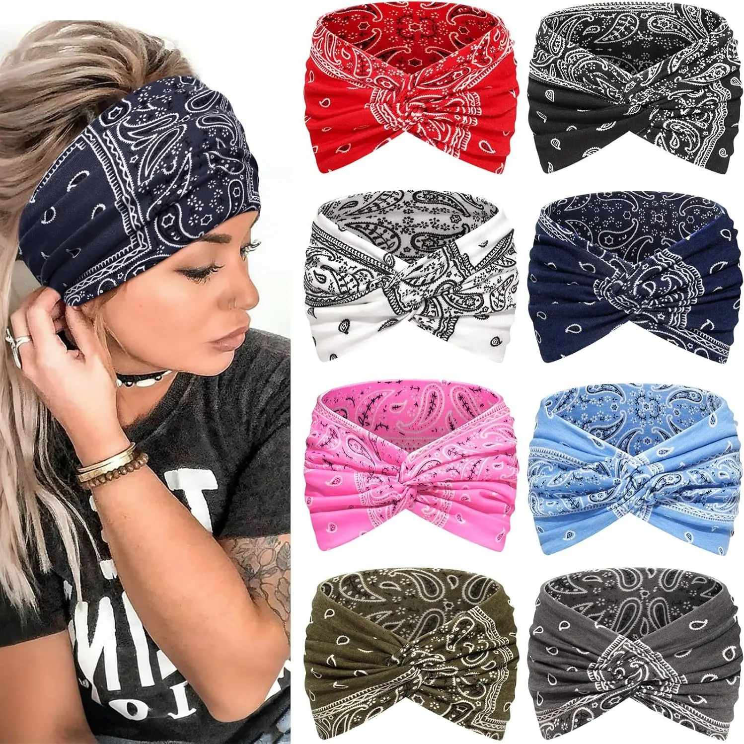 8PCS women's printed headband, retro headband with multiple color combinations, yoga, running sweat absorbing headband, daily wear.