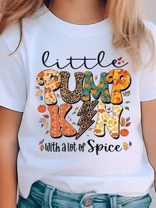 "Little Pumpkin With A Lot Of Spice" Kids T-Shirt Fall Leopard Pumpkin Graphic Short Sleeve Cotton Tee for Girls Boys