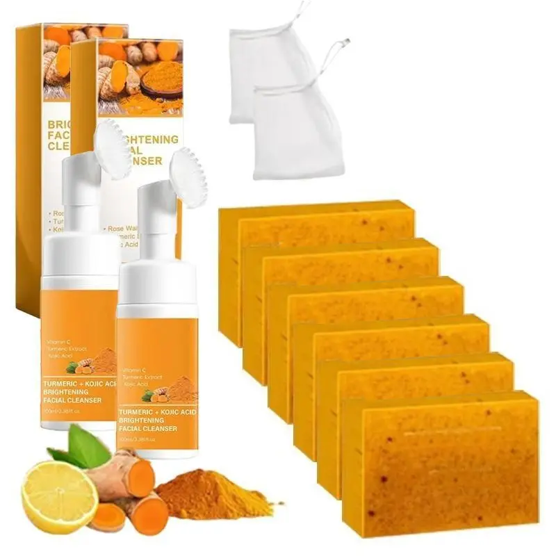 [TURMERIC&KOJIC]Turmeric Wash and Care tow Piece Set, Tuemeric Facial Cleanser & Turmeric Soap Combo, Turmeric Cleansing Mousse, Face Wash and Soap Bundle for Face & Body Deep Cleansing (2pc Turmeric Wash+6pc Soaps) Gifts for family summervibes