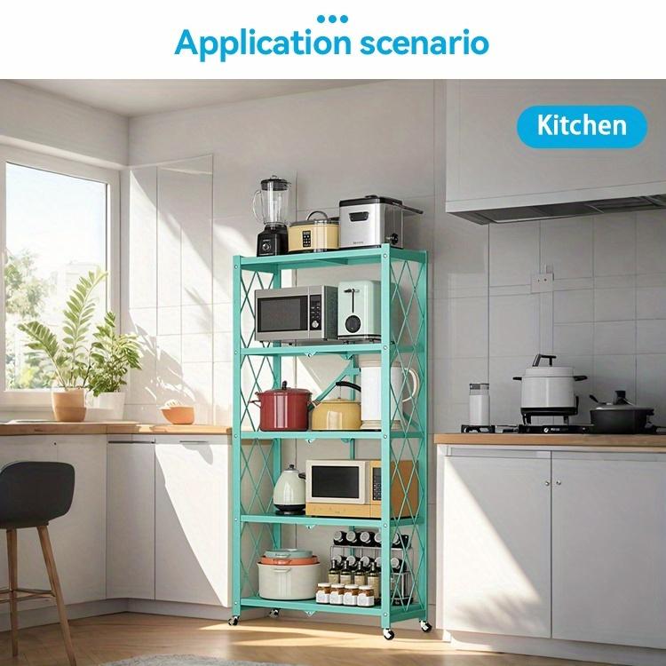 3/4/5-Tier Portable Multifunctional Storage Rack, Floor-Standing Storage Rack with Lockable Wheels, Space-Saving, No Assembly, Foldable Storage Shelf with Durable Carbon Steel Frame for Bedroom, Balcony, Garden, Standing Shelf