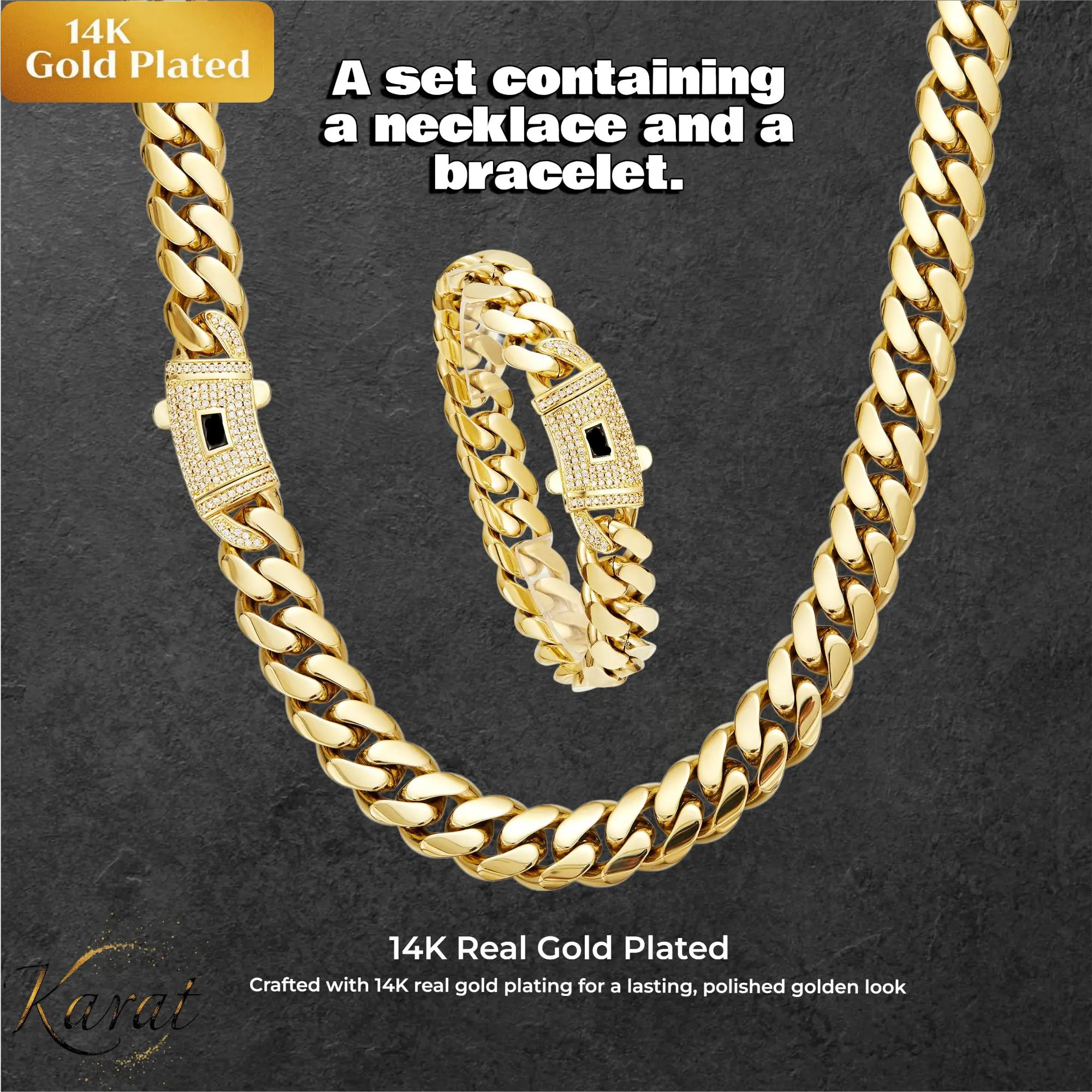 【Set】14K Gold-Plated Cuban Link Necklace & Bracelet Set — A Premier Choice for Hip-Hop Style Jewelry. The Perfect Gift for Men and Women, Suitable for All Occasions and Holidays.