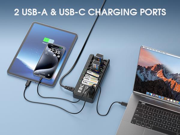 EBL AA AAA 9V Individual Battery Charger for AA AAA 9V NiMH NiCD and 9V Li-ion Rechargeable Battery, with 2 USB-A & 1 USB-C Charging Ports