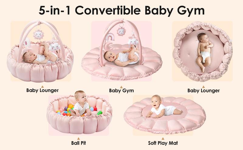 5-in-1 Convertible Baby Gym Play Mat with Hanging Toys, Soft Padded Baby Lounger & Ball Pit, Plush Tummy Time Mat for Newborns to Toddlers, Machine Washable, Gray/pink