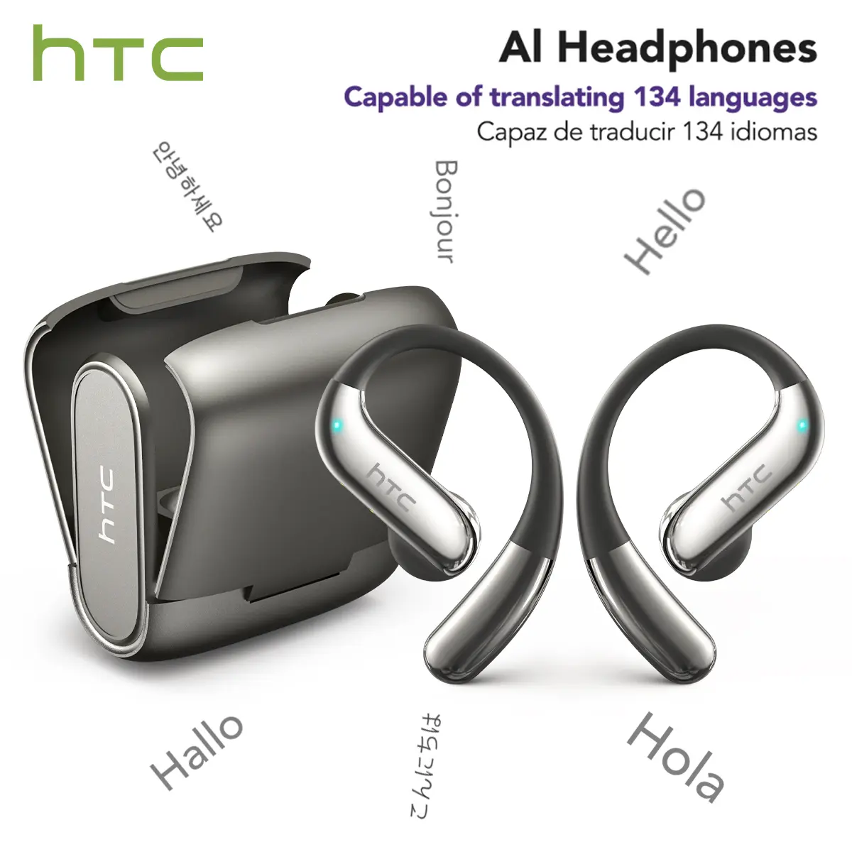 HTC NE23 Translator Earbuds - OWS Open Ear Electronic Audio Headphones, Bluetooth 6.0, 134-Language Translation via APP, IPX5 Waterproof Gym/Running Headphones, Long Endurance for Music & Phone Calls, Gym Headphones