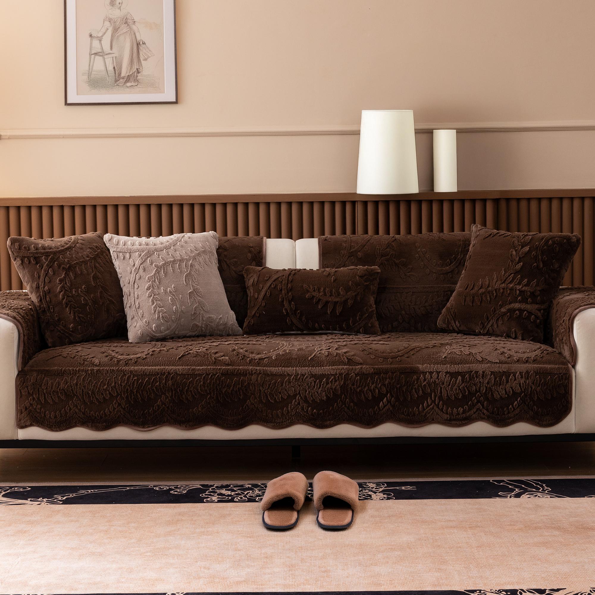 [Gift Choice] 1 Count Sofa Cover for 1-4 Seater NO BACK OR ARMREST Solid Color Jacquard Sofa Protector, Anti-slip Couch Bench Cover, Machine Washable Slipcover, Pet-friendly sofa Towel Mat for Home, Living Room, Dormitory, Hotel, Beige, Gray