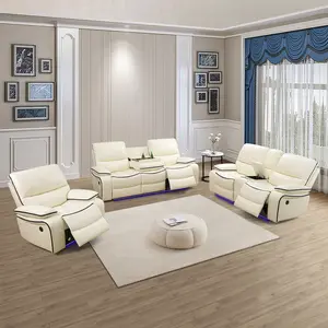 Contemporary Off-White Bonded Leather Reclining Sofa 3-Piece Living Room Set
