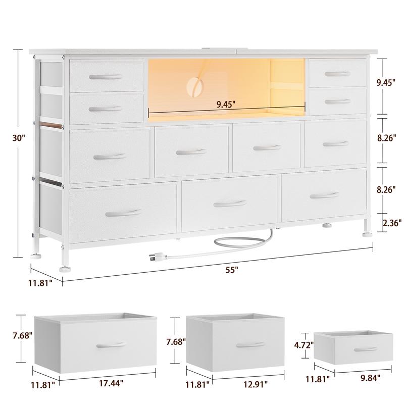 Aowos 11 Drawer Dresser, Dressers for Living Room TV Stand with Power Outlets LED Lights, TV Stand Dresser, Fabric Drawer, Chest of Drawers  Dresser TV Stand for up to 32''- 55" TV, for Bedroom