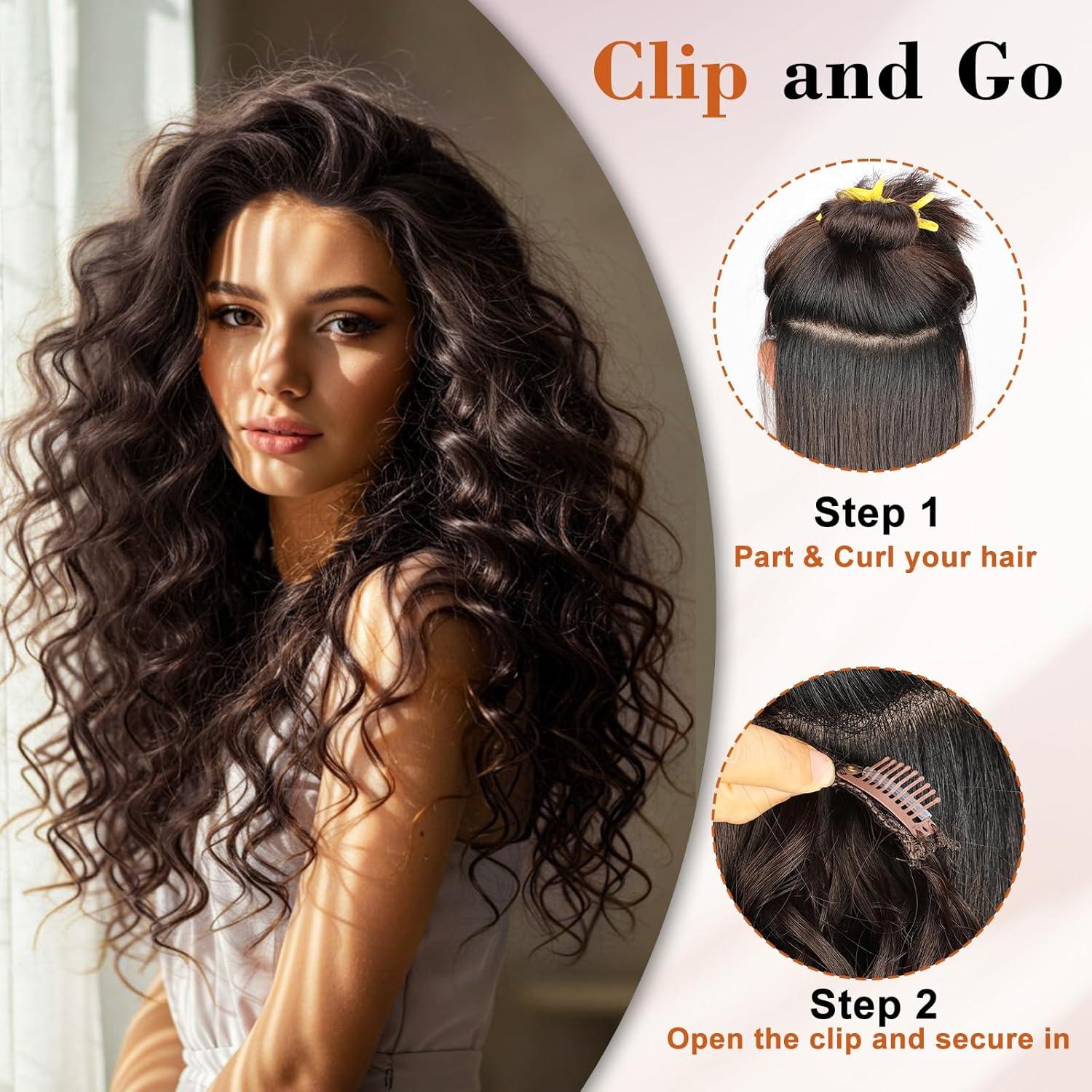 Curly Hair Extensions,16Inch Clip in Hair Extensions 4Pcs Short Soft Natural Hairpiece Lace Weft Curly Wave Clip Ins Extensions Invisible for Women Daily Use,Chocolate Brown with Dark Brown