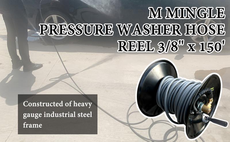 M MINGLE High Pressure Washer Hose Reel 150ft - Heavy Duty Steel Manual Crank Power Washer Hose Reel with 3/8" Pressure Wash Whip Hose,4000 PSI