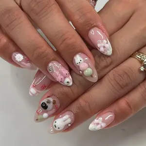 Kawaii Pastel Press On Nails, 3D Bunnies, Bears, Bows & Candy Beads on Pink French Tips, Almond Nails For Sweet Cute Vibe