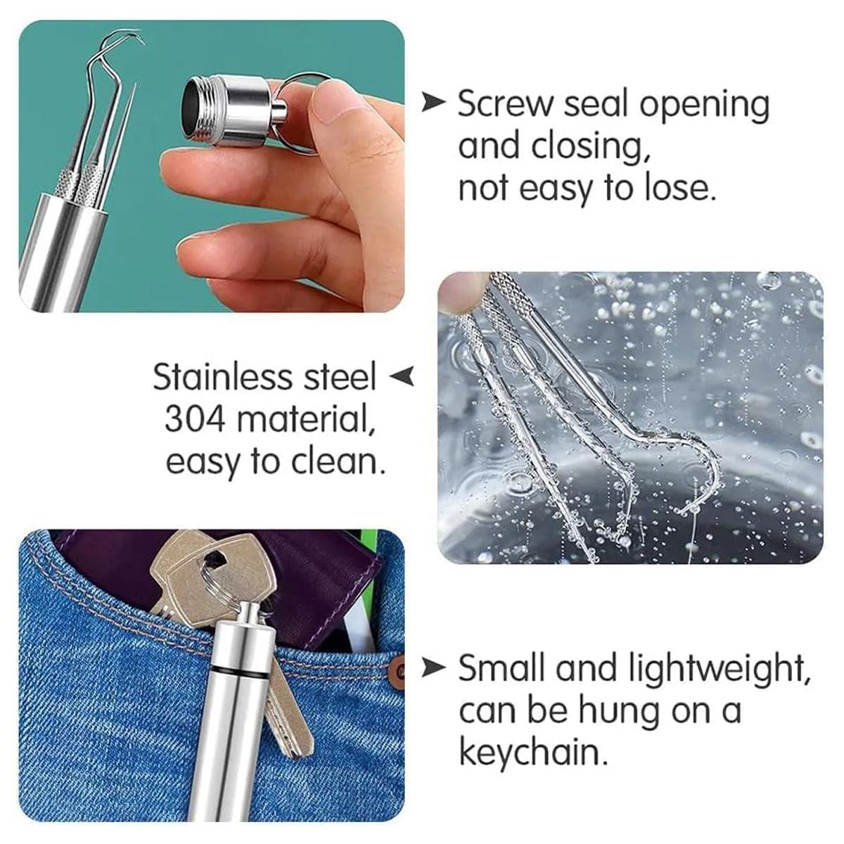Stainless Steel Toothpick Pocket Set, Reusable Dental Floss Pick, Travel Teeth Cleaning Tools Kit for Outdoor Picnic, Camping, Keychain Design, Oral Care Tool (7PCS/Set)