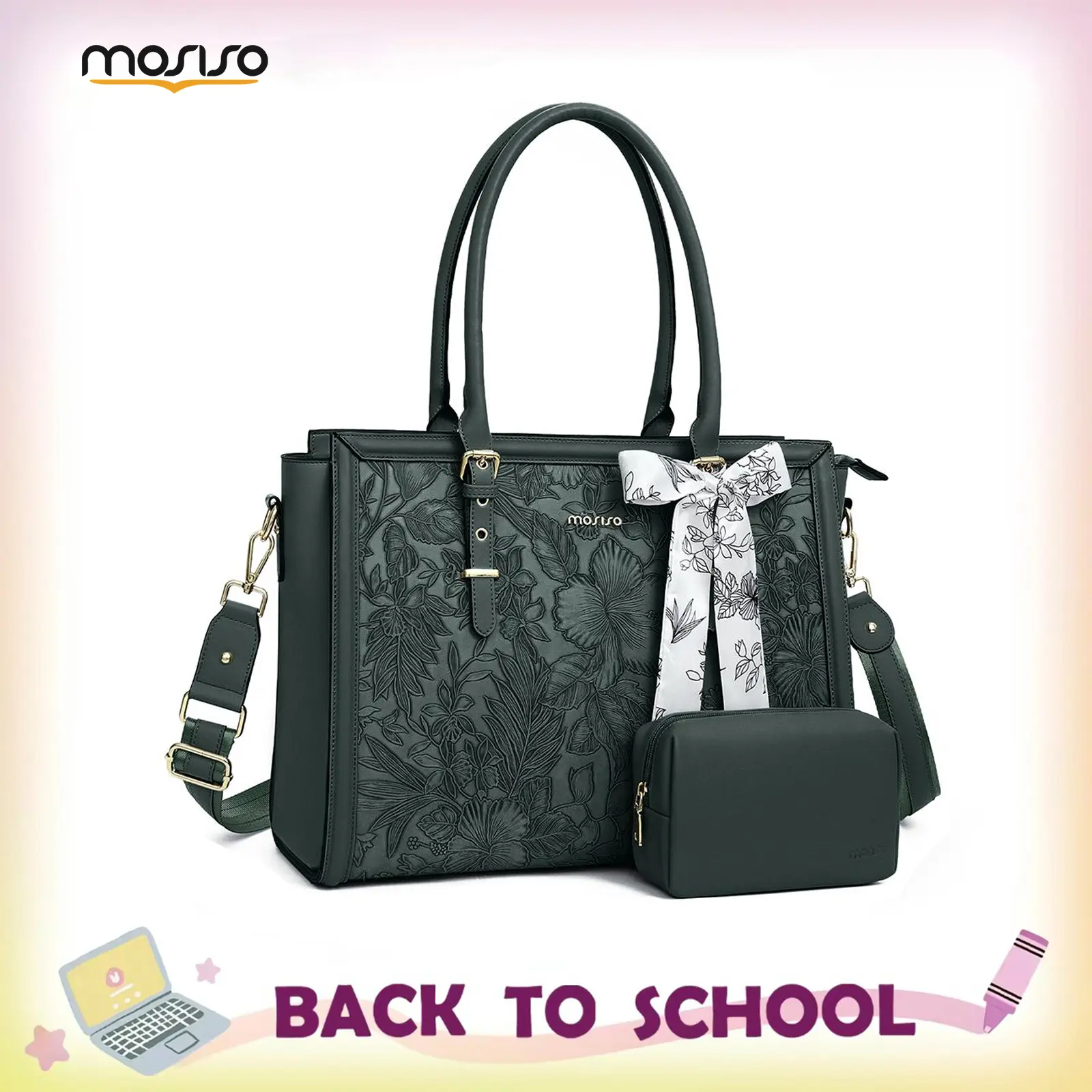 MOSISO 15.6-17.3 inch Laptop Tote Bag for Women, PU Leather Waterproof Work Bag with 3 Compartments, Padded Laptop Section, With Clutch Purse & Silk Scarf, Fits MacBook/Dell/HP, Ideal for Office/Business/Travel, Retro Hibiscus Pattern