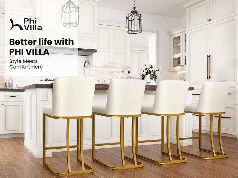 PHI VILLA 24'' Barstool Set Counter Height Leather Kitchen Bar Stools with Back, Backrest, and Stable Base, Easy Assembly Furniture Dining Chairs Luxury