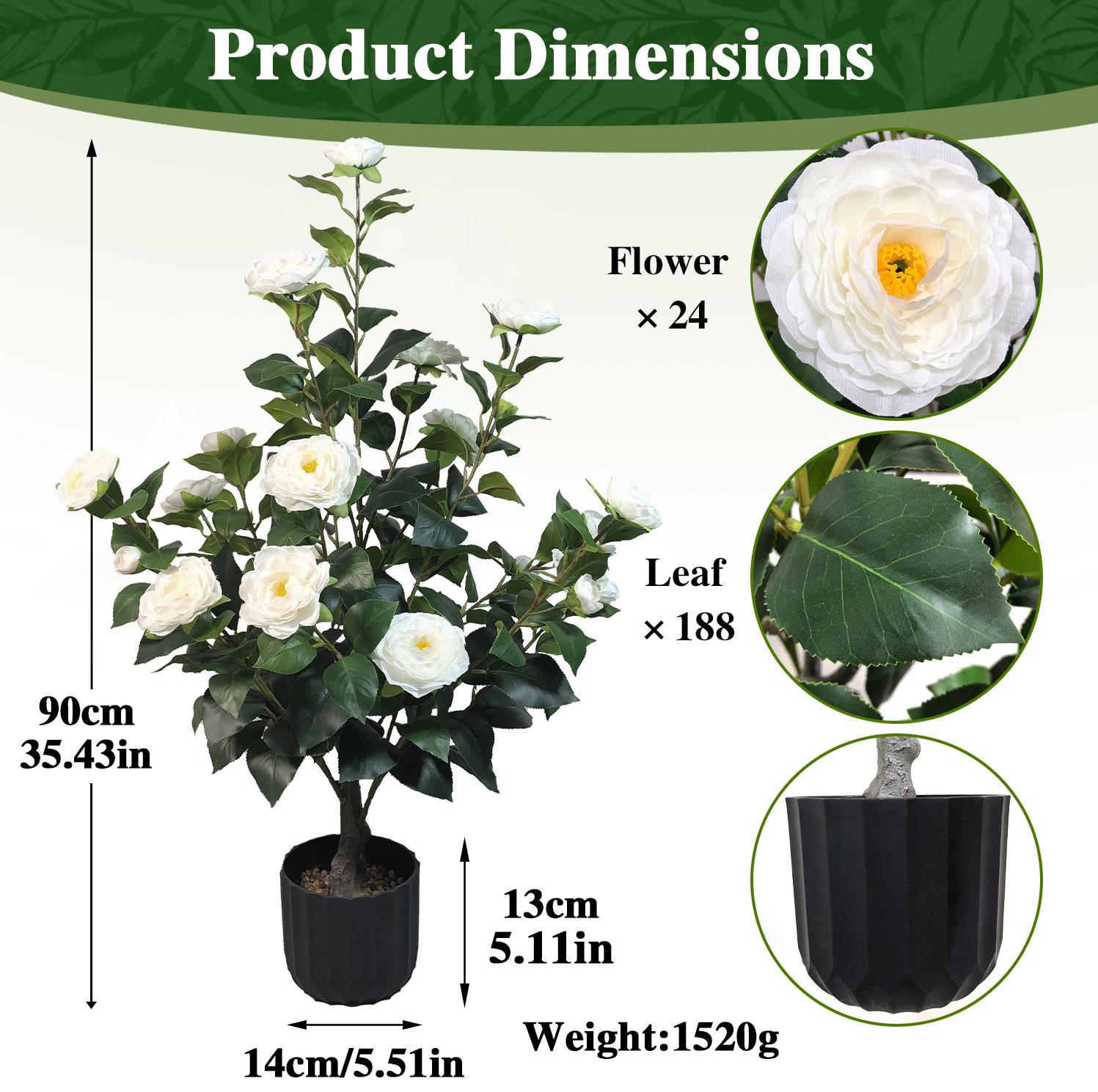 2 Pcs 3ft Artificial Camellia Trees with 24 Realistic Flowers 188 Leaves Decorative Pebbles and Planter for Indoor Home Office Outdoor Courtyard Decor