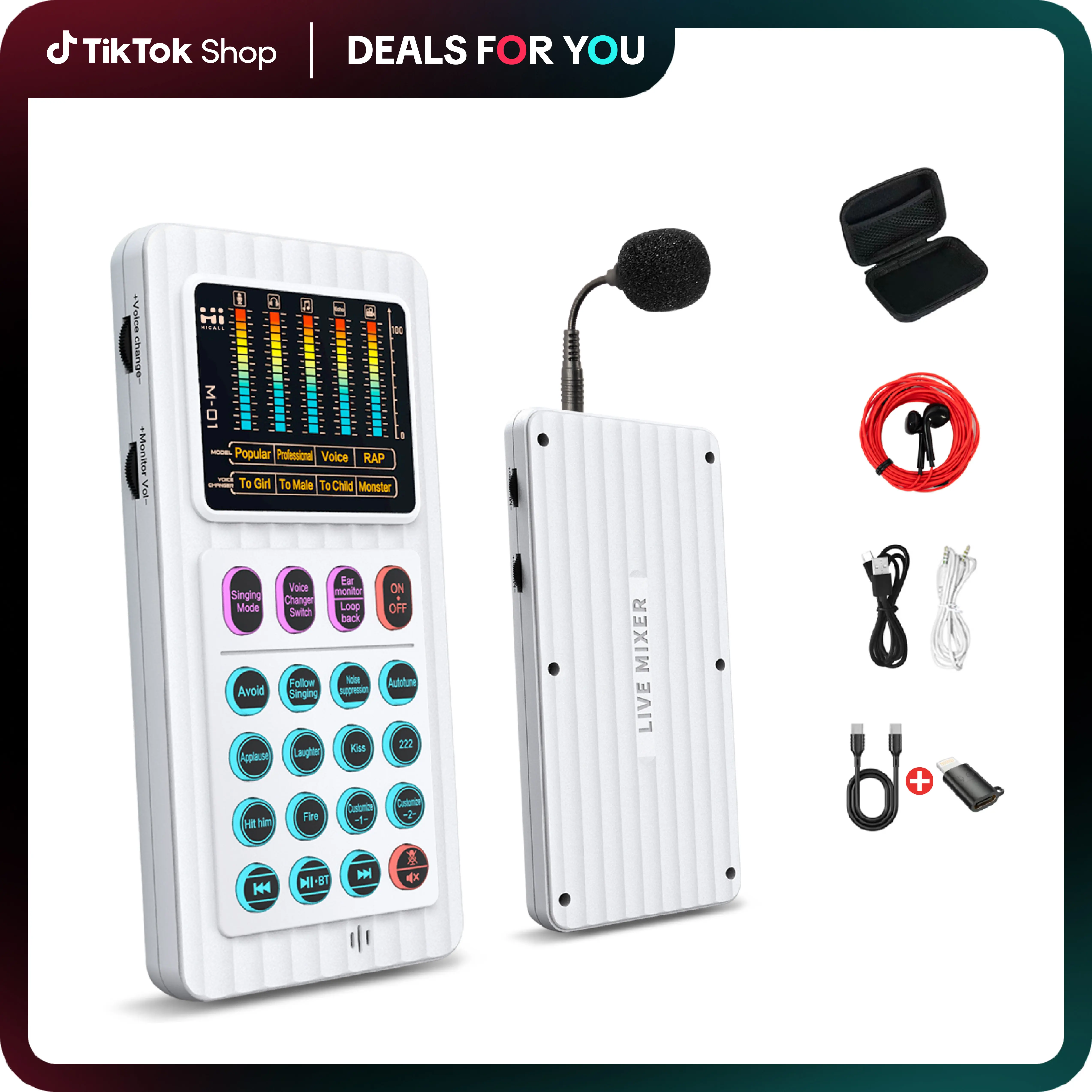 M01 Portable Audio Mixer with Built-in Microphone, 2 Customizable Effects, 4 Voice Changers, 64 Tone Styles, Sing-Along Function for Outdoor Singing & Interviewing